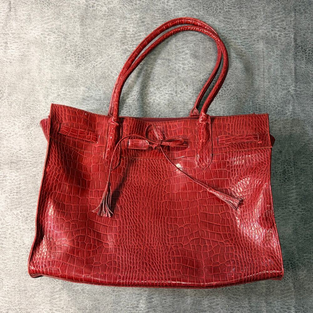 Red Crocodile Embossed Tote Bag